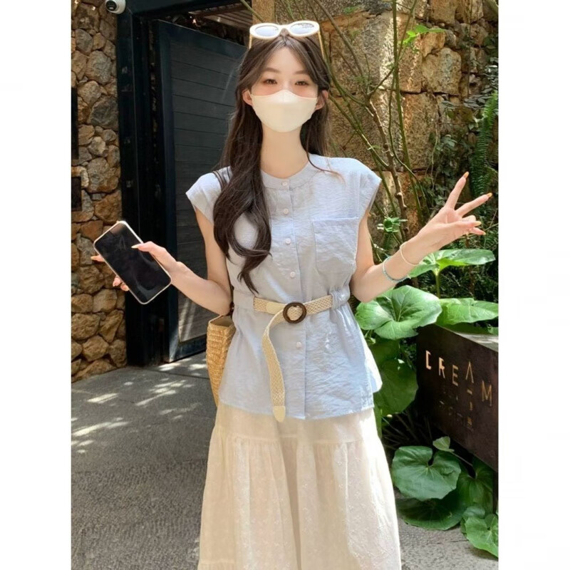 恒源祥小清新飞袖上衣女夏新款多巴胺穿搭套装法式独特漂亮掐腰短袖衬衫 黄色 S 80--95斤左右