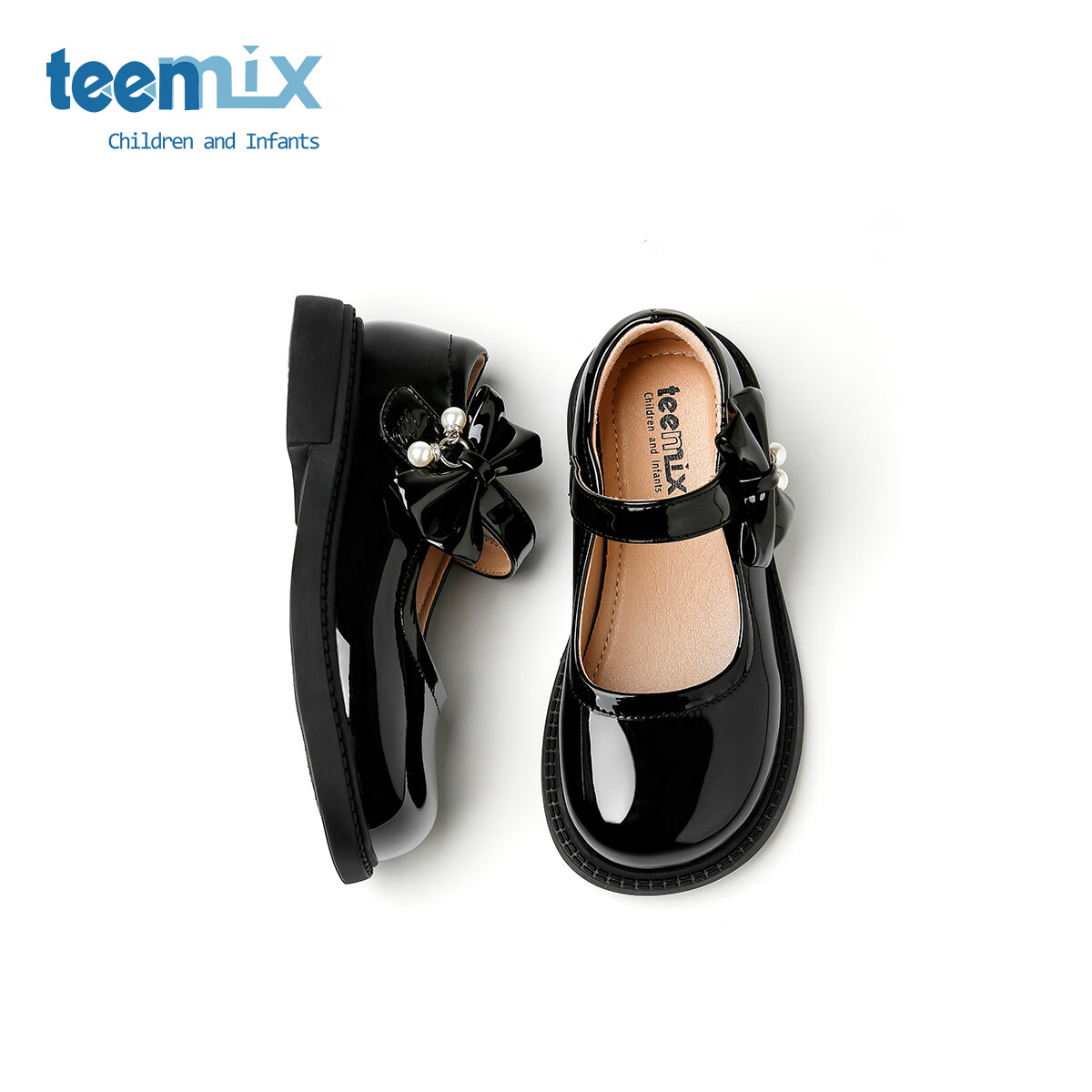 天美意天美意儿童2025秋季新款女童中大童软底女孩时尚百搭蝴蝶结小皮鞋 黑色 35