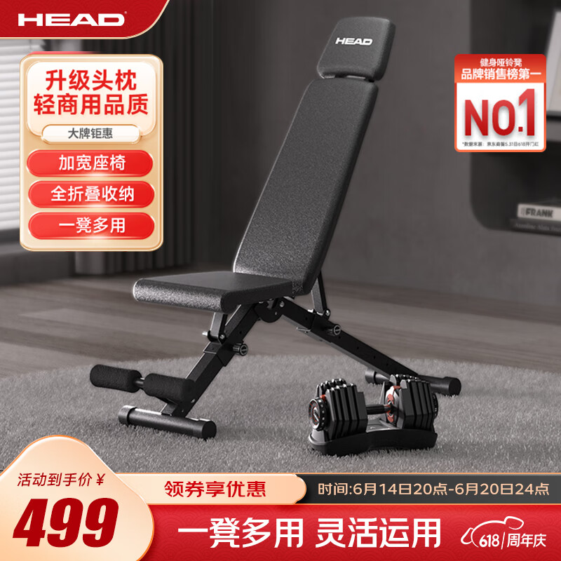 海德（HEAD）哑铃凳健身椅飞鸟凳健腹仰卧板健身器材家用运动仰卧起坐辅助器 轻商用级品质款升级头枕丨沉稳黑