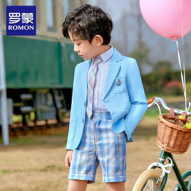 罗蒙女童JK套装格子裙半身裙夏季儿童宝宝短裙高腰显瘦百褶裙 蓝格子短裤 120