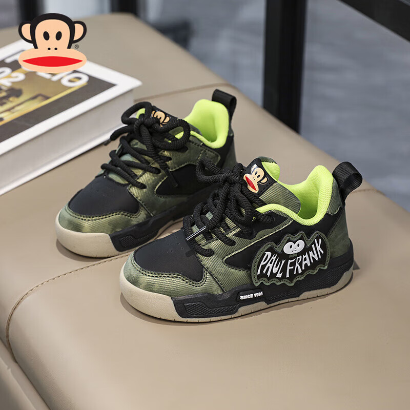 大嘴猴童鞋男童运动鞋春秋新款儿童板鞋轻便防滑潮鞋中大童女童休闲鞋子 黑/深绿 26 （适合脚长15.9)