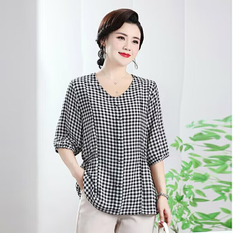 悅88歐美高端大碼女裝2025新款氣質(zhì)顯瘦時髦V領小衫百搭上衣 黑白格 XL 90-110斤