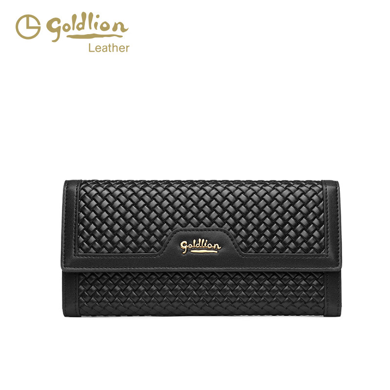 GY goldlion金利来2025新款真皮编织轻奢设计女士长款钱包大容量卡包零钱包潮 黑色