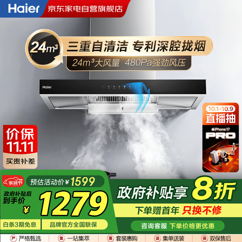 海尔（Haier）油烟机24立方深腔大吸力【国家补贴】顶吸式欧式自清洗家用480Pa挥手智控一级能效CXW-258-ET960