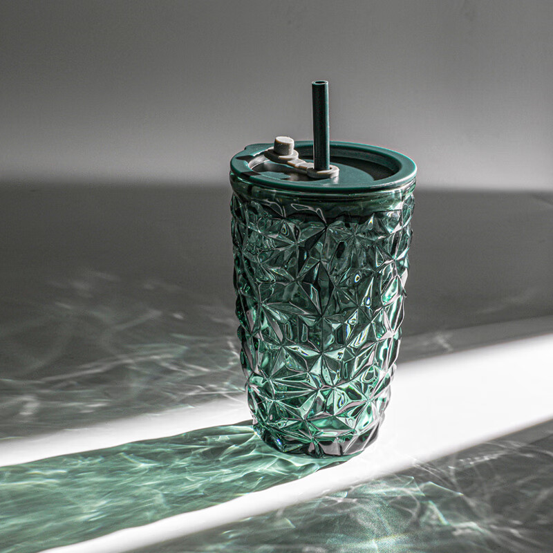 乐唯诗高颜值炫彩咖啡冰美式拿铁玻璃杯大容量带盖吸管杯子办公室水杯子 墨绿晶钻吸管杯【原色玻璃】440ml*1