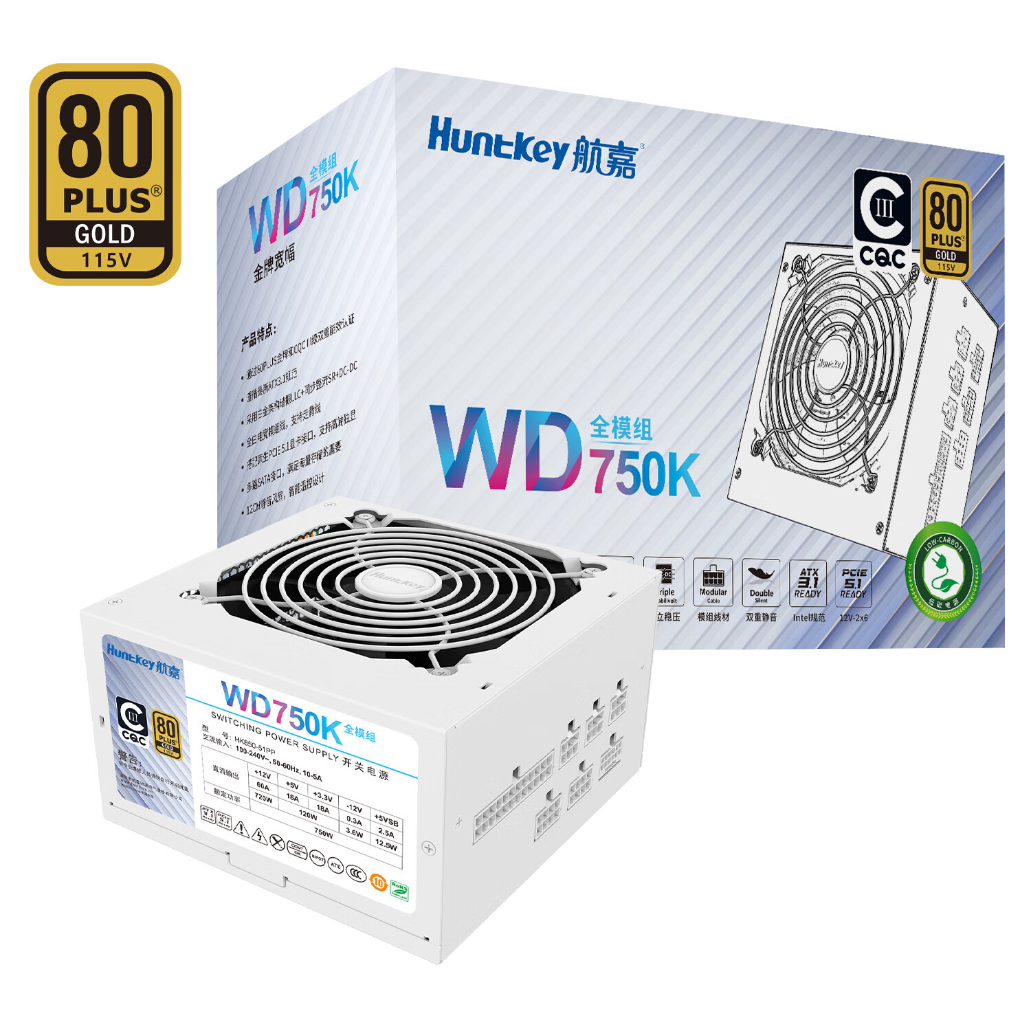���Σ�Huntkey��WD750Kȫģ�� ����750W���Ե�Դ��°ף�80PLUS����/��·60A/ȫ��ѹ/LLC+SR+DC-DC/�����¿أ� 371.42Ԫ