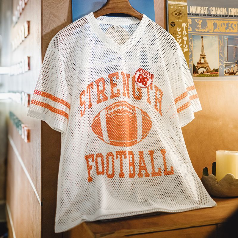 马登工装美式球衣风镂空T恤针织网眼透气宽松半袖罩衫短袖男夏季 米白色 -男士高街体恤/潮男衣服 XL