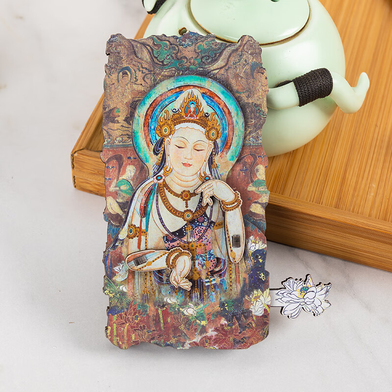 敦煌研究院敦煌九色鹿冰箱贴旋转可拉动木质立体磁铁莫高窟文创博物馆居家 天蓝色 旋转三兔飞天 中