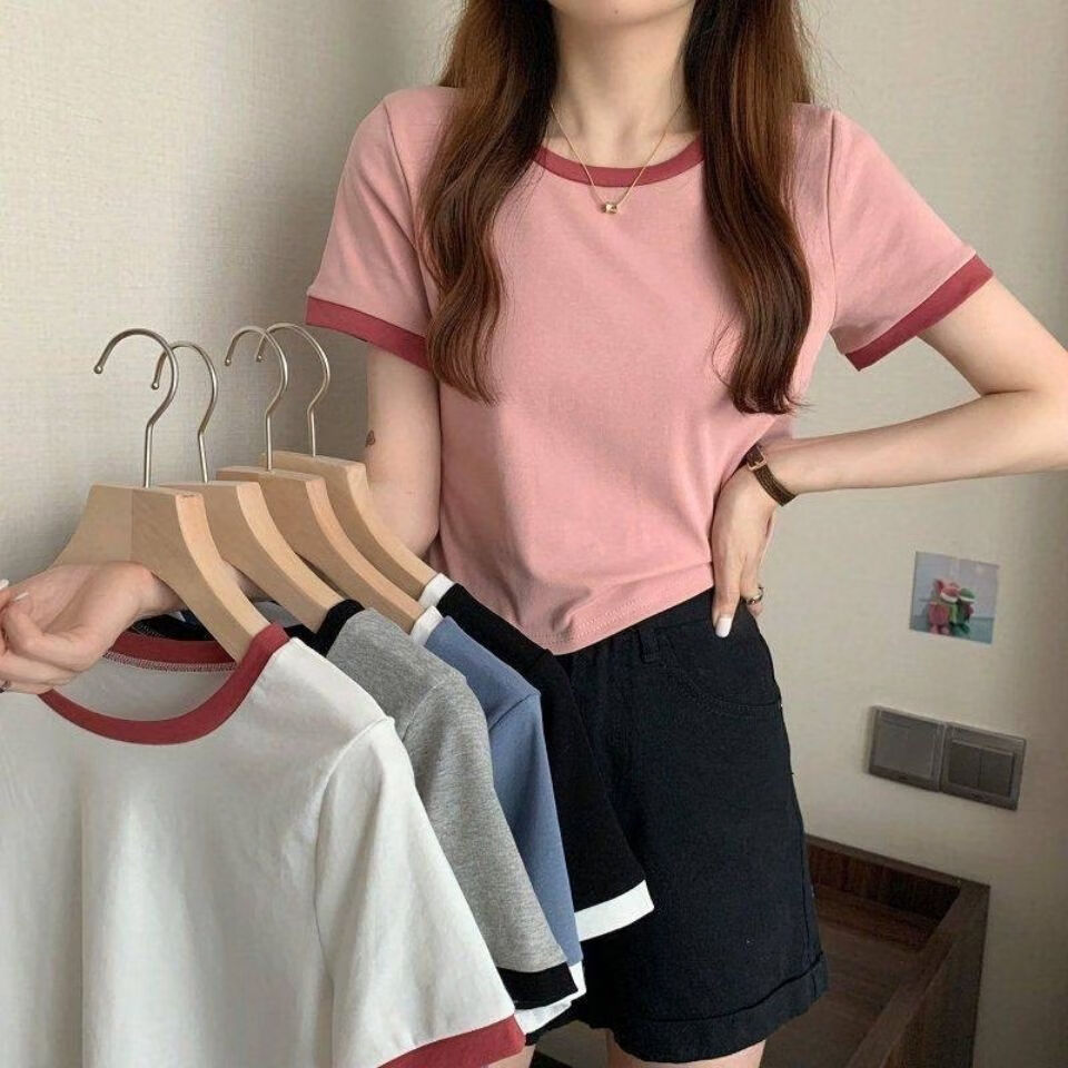 燠阳撞色圆领短袖t恤女2025年新款夏季打底衫韩版修身短款学生上衣潮 粉色 XL 【109-120斤】