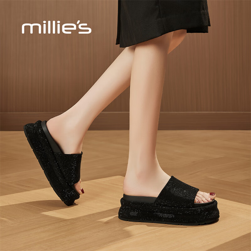 妙丽拖鞋女厚底外穿露趾细钻时尚2025夏季新款百搭配裙子半拖鞋 黑色 37 (235mm) 标准码