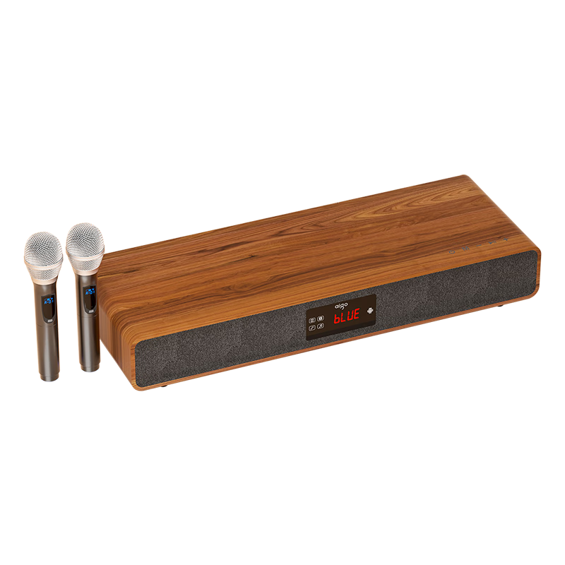 爱国者T108蓝牙音响回音壁电视音箱无线家庭KTV影院K歌音响套装一体机双咪版 木纹色