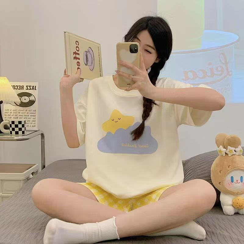 【优选直发】少女短袖短裤圆领睡衣学生卡通宿舍套装夏季可外穿女 云朵星星不带胸垫 M 女