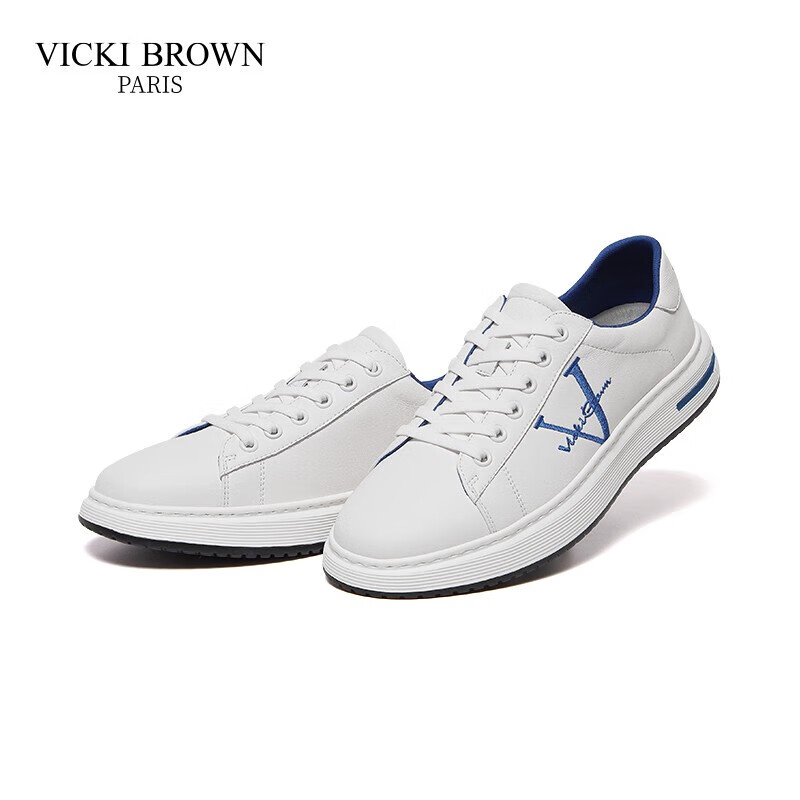 未毕(VICKI BROWN)法国品牌VB男鞋【冠军系列】简约潮流板鞋轻奢刺绣舒适防滑休闲鞋 白蓝色 37
