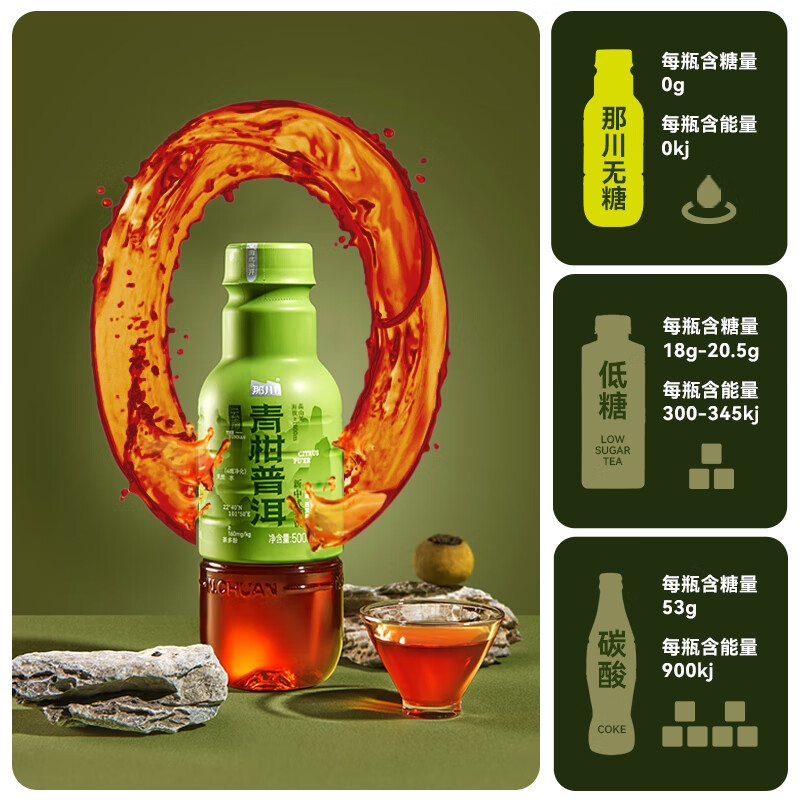 那川 青柑普洱 无糖茶纯茶饮料 原叶萃取0糖0脂0卡 夏日解渴500ml*5瓶 青柑普洱*5瓶