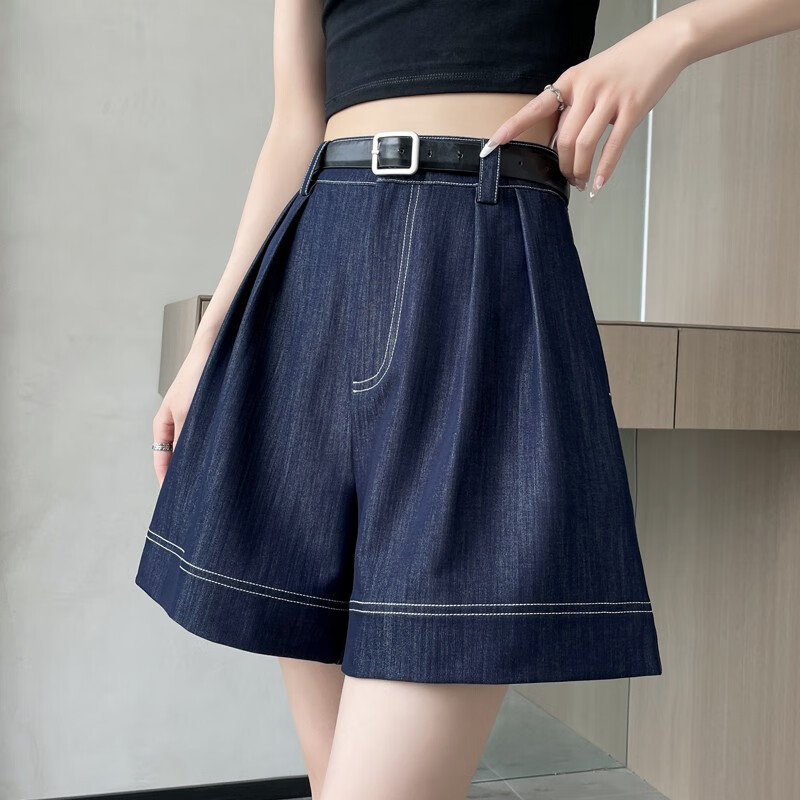 酷章（KUZHANG）深藍(lán)色天絲軟牛仔褲女夏季高腰顯瘦寬松短褲涼涼冰絲五分闊腿中褲 藍(lán)色牛仔褲/背帶褲/喇叭褲/破洞 XS 建議80斤以下