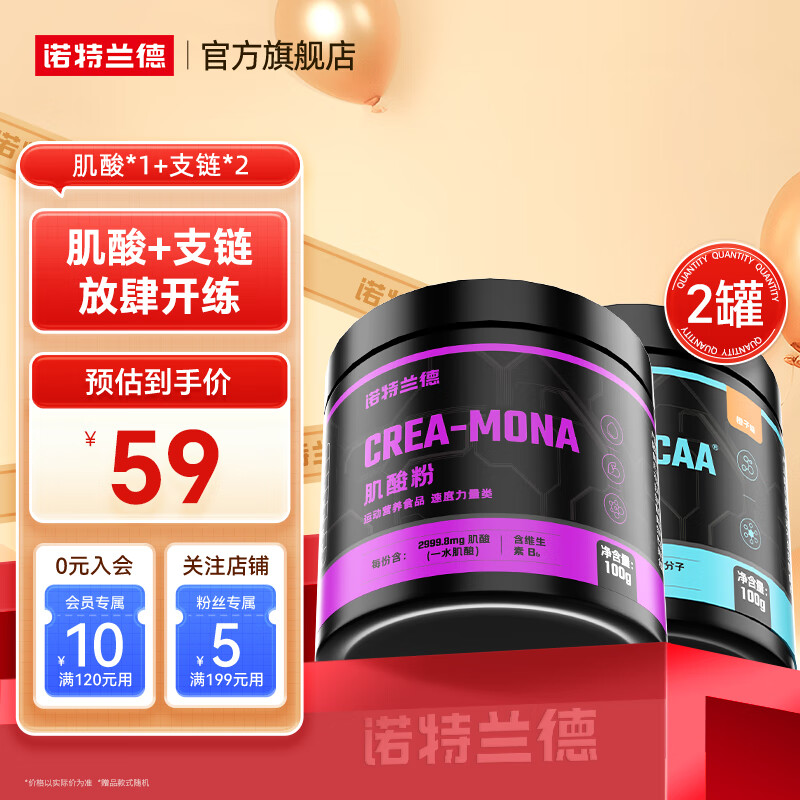 诺特兰德bcaa支链氨基酸运动健身补剂官方旗舰店 100g*2罐 +肌酸【bcaa约26天用量】