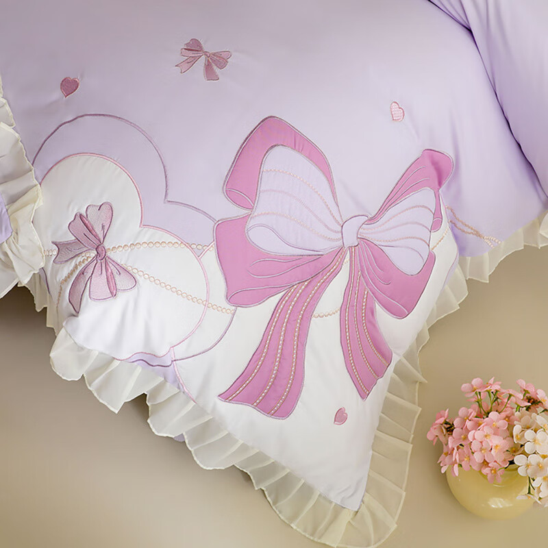 诸禄儿童磨毛床裙款四件套女孩亲肤贴布绣蝴蝶结被套单人女童2025新款 浪漫告白-紫 床单款 2.0m床单四件套被套220*2