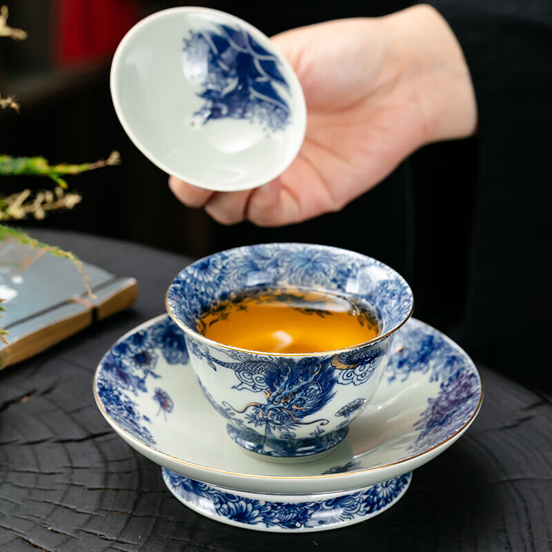 京峰阁 茶具三才盖碗套装 景德镇陶瓷青花瓷高档泡茶碗家用办公室送礼物 鱼化龙纳福三才盖碗180ml