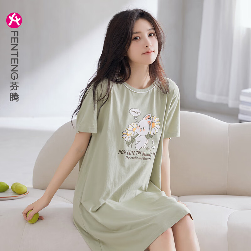 芬腾睡裙女夏季新款纯棉中长裙甜美可爱短袖薄款全棉大码睡衣裙 X98424806草绿 L 建议:110-125斤