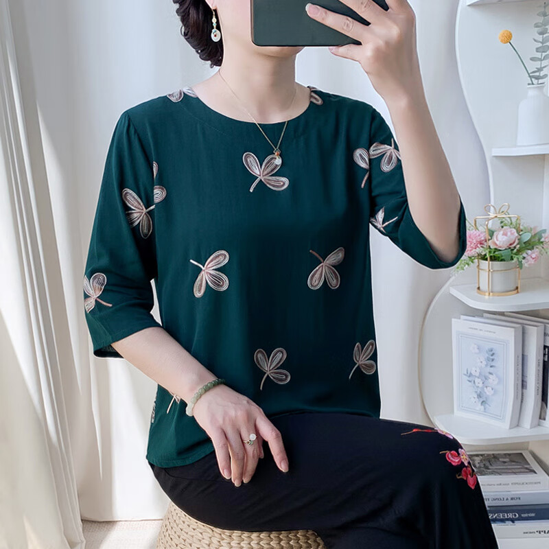 恒源祥中老年妈妈夏装套装绣花宽松洋气上衣中袖两件套老人女装奶奶衣服 橘红(套装) XL (建议90-105斤)