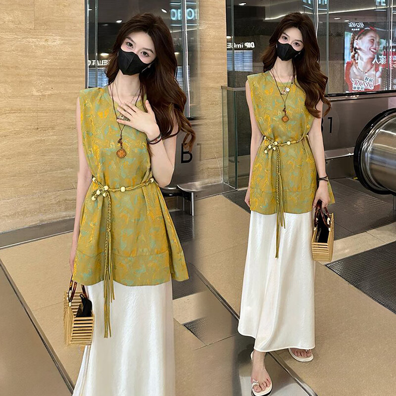丽依歆时尚套装女2026夏季新款新中式国风提花无袖背心上衣半身裙两件套 金色上衣+杏色半裙【两件套】 M （110-120斤）