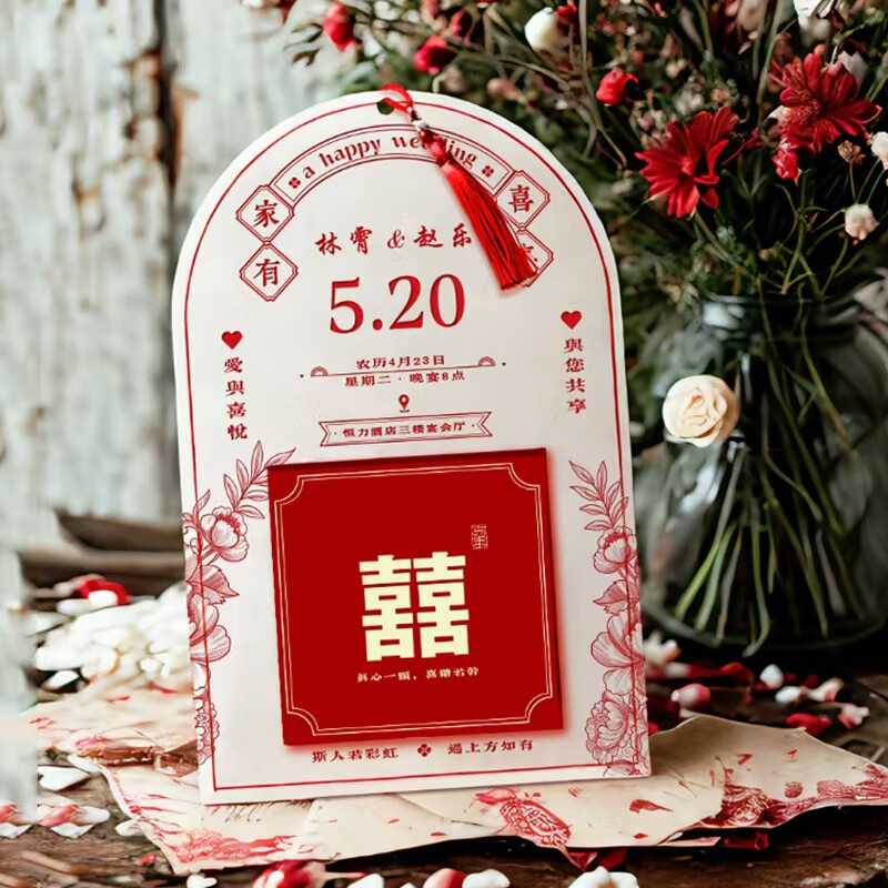 慶喜良緣結婚請帖糖盒2件套感婚禮請柬喜帖出閣宴邀請函5套 流蘇款5套手寫(xiě)版鐳射燙金