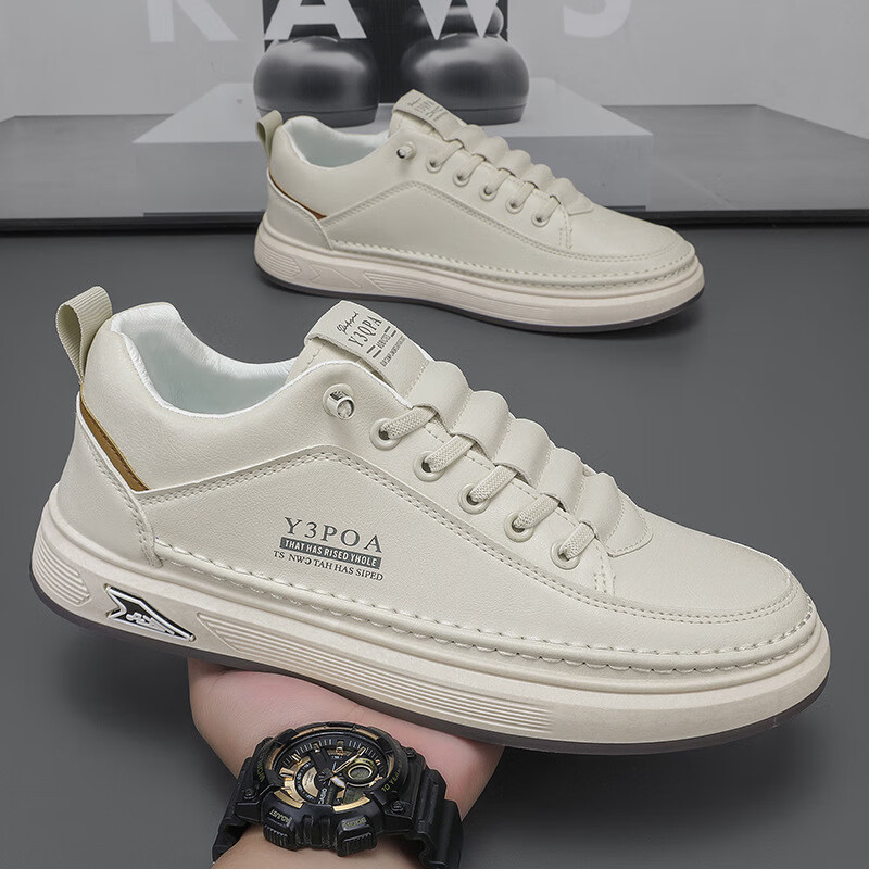 新款休闲小卢鞋真皮防滑板鞋百搭透气CGf牛皮剖层革男休闲皮鞋 S799米色 42