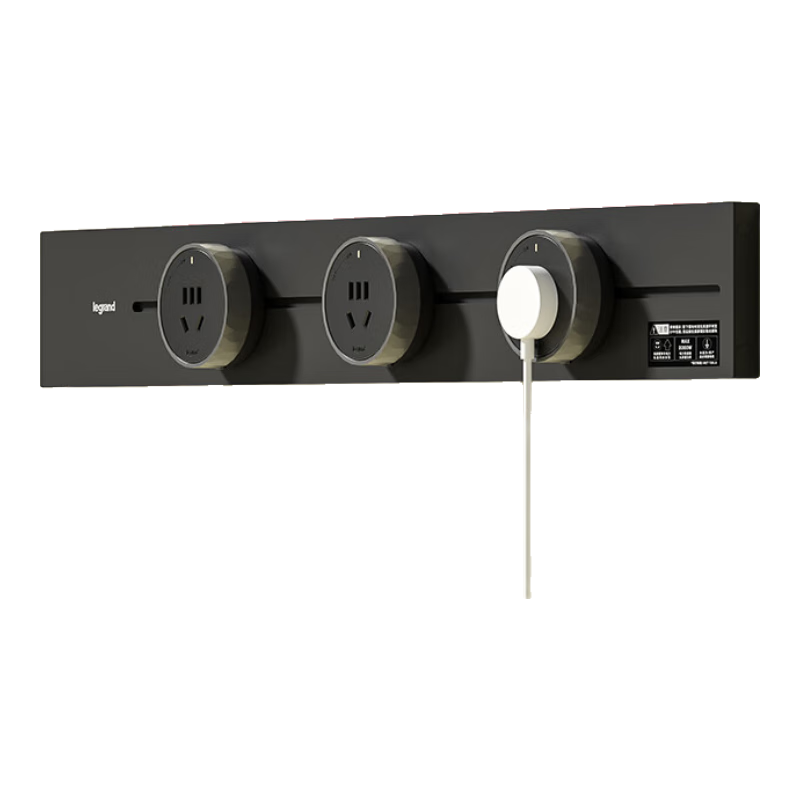 羅格朗軌道插座電力導(dǎo)軌家用滑動餐邊柜廚房客廳導(dǎo)軌可移動超薄滑軌排插 明裝超薄-黑色-60cm+3個五孔（帶指示燈）