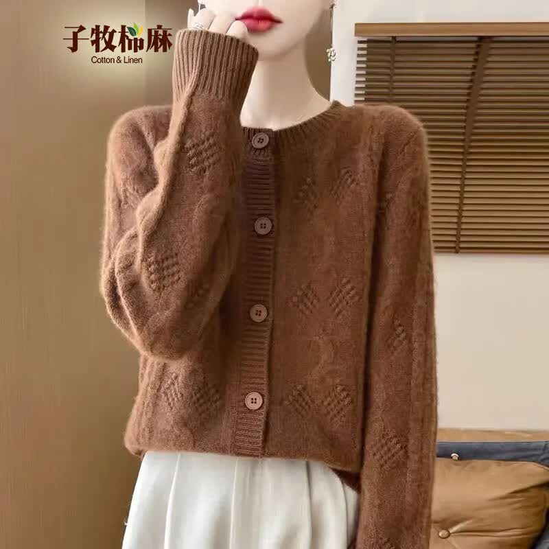 子牧棉麻秋装 女立体钩花针织开衫慵懒风复古针织衫外穿上衣5573 金驼色 均码 (建议95-140斤)