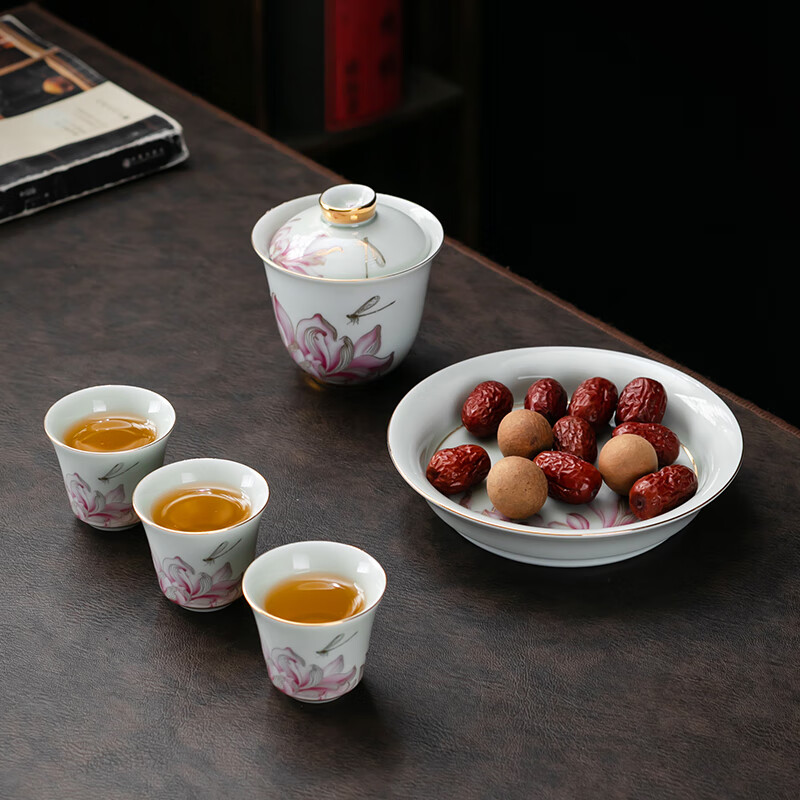 京峰阁 高端茶具整套 情投意荷粉盖碗茶壶茶杯套装轻奢家用开业送礼盒装 情投意荷粉盖碗茶壶套装(粉) 7人饮 11件