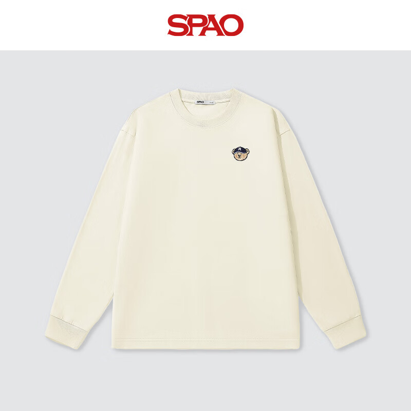 SPAO收袖圆领长袖T恤男女2025春秋新款居家简约风上衣SPCX25ST02XY 米杏/蓝帽子熊-贴布绣 L