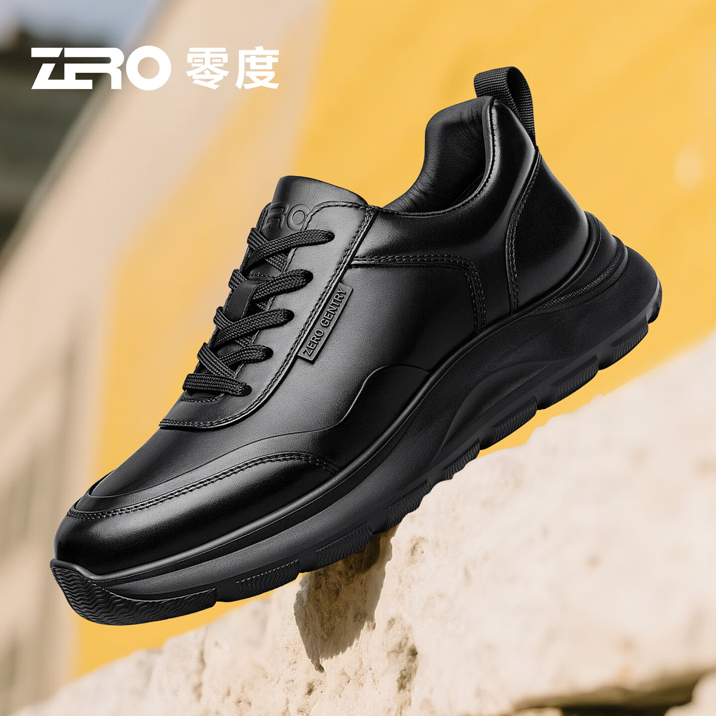 零度zero男鞋秋季时尚百搭真皮商务休闲鞋防水轻便通勤皮鞋软底运动鞋 黑色 40