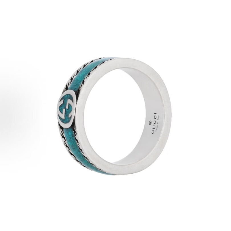 古驰（GUCCI）情侣对戒 双G做旧 925银 珐琅 奢侈品戒指 礼盒 圣诞元旦645573 珐琅绿 22