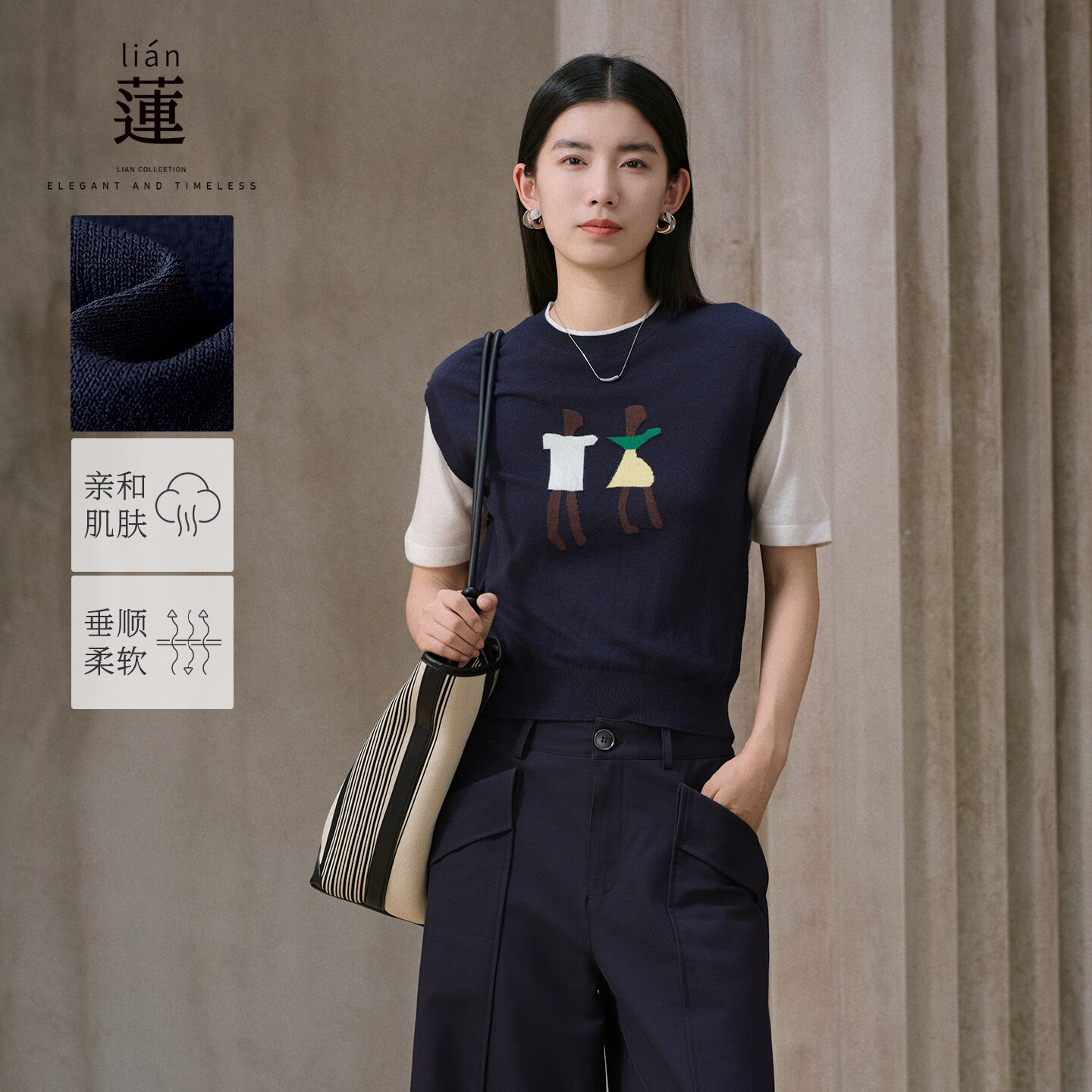 阿依莲针织衫短袖女高端秋季2025新款洋气假两件拼接t恤可外穿女上衣 深海蓝 S