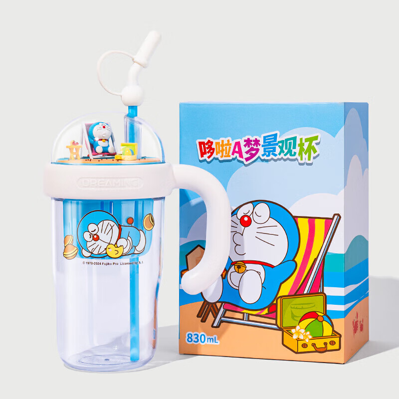 萌兔兔哆啦A夢萌兔兔水杯女生大容量吸管杯Tritan生日禮物禮品微景觀杯 白色度假款830ml