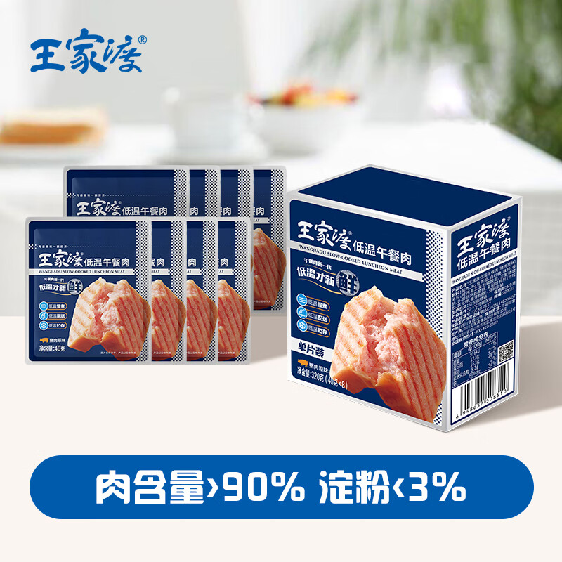 王家渡低温午餐肉320g独立包装儿童早餐三明治火腿片香肠罐头火锅食材 【片装】320g*2盒（原味+减盐）