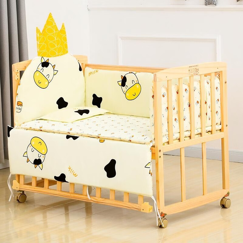 贝快乐婴儿床实木无漆摇床BB床宝宝床可变书桌可侧翻可与大人床对接 床+蚊帐+黄冠牛牛五件套