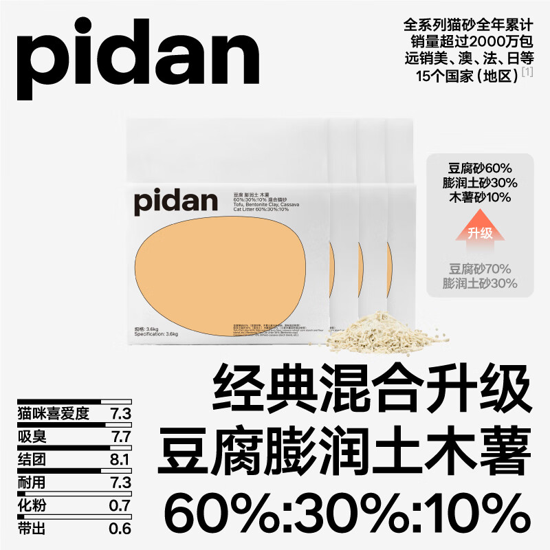 pidan混合猫砂 豆腐膨润土淀粉60%:30%:10%混合3.6kg*4包 万人团