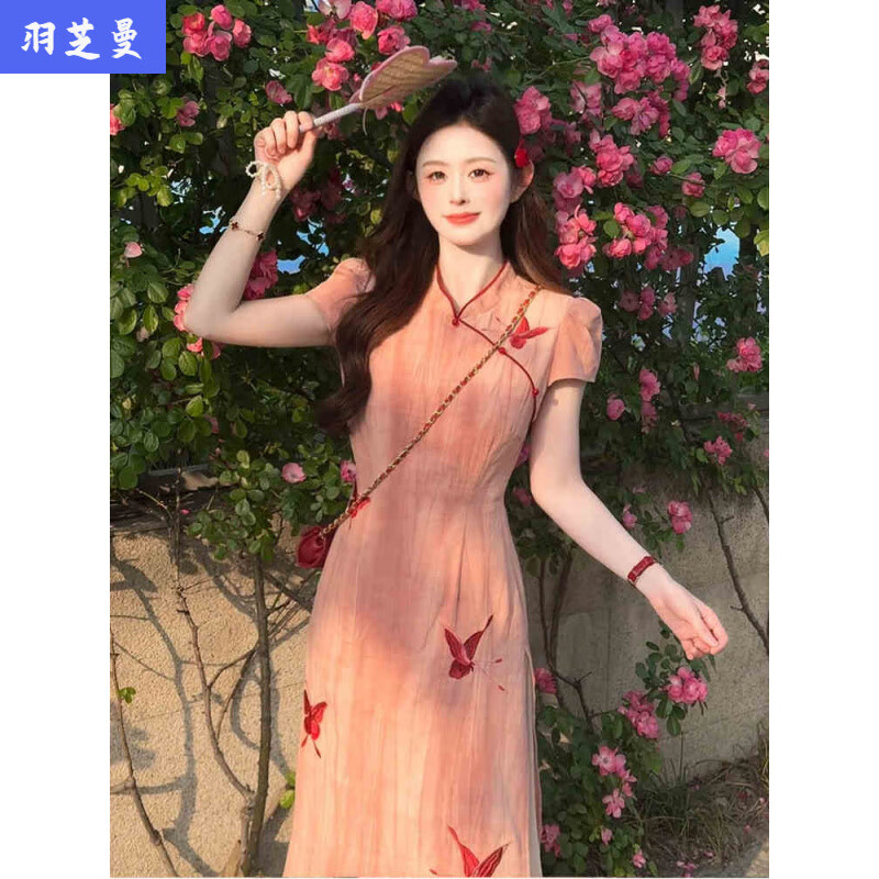 顾夕岑新中式国风粉色改良旗袍连衣裙女夏2025新款小个子感连衣裙女 粉 M
