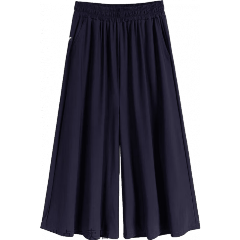 鹿王戀雪中老年媽媽大尺碼女褲冰絲裙褲高腰松緊七分褲夏季闊腿褲休閑褲女 冰絲七分褲裙【藍色】 S 80-100斤