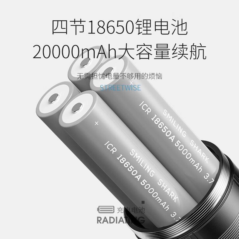 微笑鲨白激光手电筒户外强光超长续航应急巡逻超亮远射大功率变焦充电灯 加长款-镭激光【8电*并联电池】
