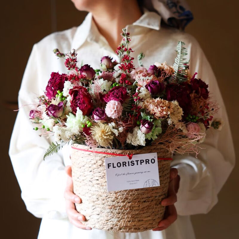 紫玫瑰芍天然干花真花花籃插花生日周年紀(jì)念母節(jié)花束家居裝飾 圓形草帽花籃插花 花泥插花花籃