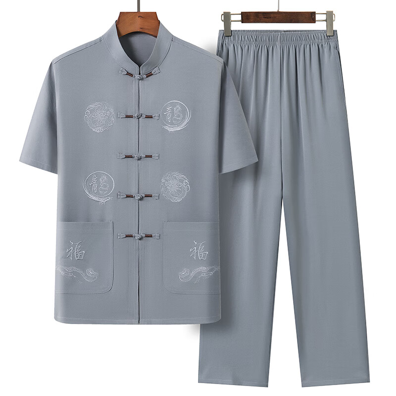 夏中国风男士唐装中老年人短袖套装中式大码汉服棉麻爸爸晨练衣服 浅灰色套装 41/XL(125-145斤)