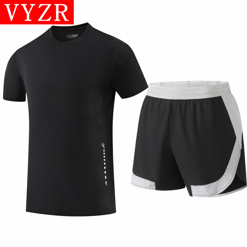 VYZR运动套装男健身服跑步装备衣服夏季速干篮球高弹紧身衣训练房短袖 黑色+黑色 M