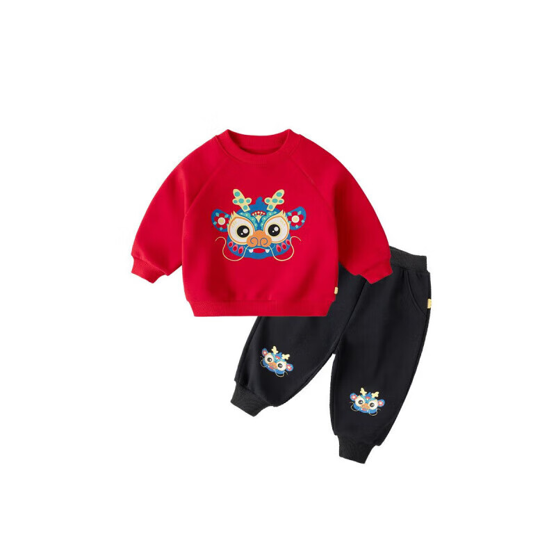 嘟嘟家【国风新年】儿童拜年服套装冬季男童唐装宝宝卫衣 米白+红色 100