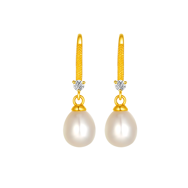 中鑫珠寶瑤光映珠黃金珍珠耳環(huán)鑲嵌鋯石輕奢足金彎鉤耳飾送媽媽禮物 金重1.38克