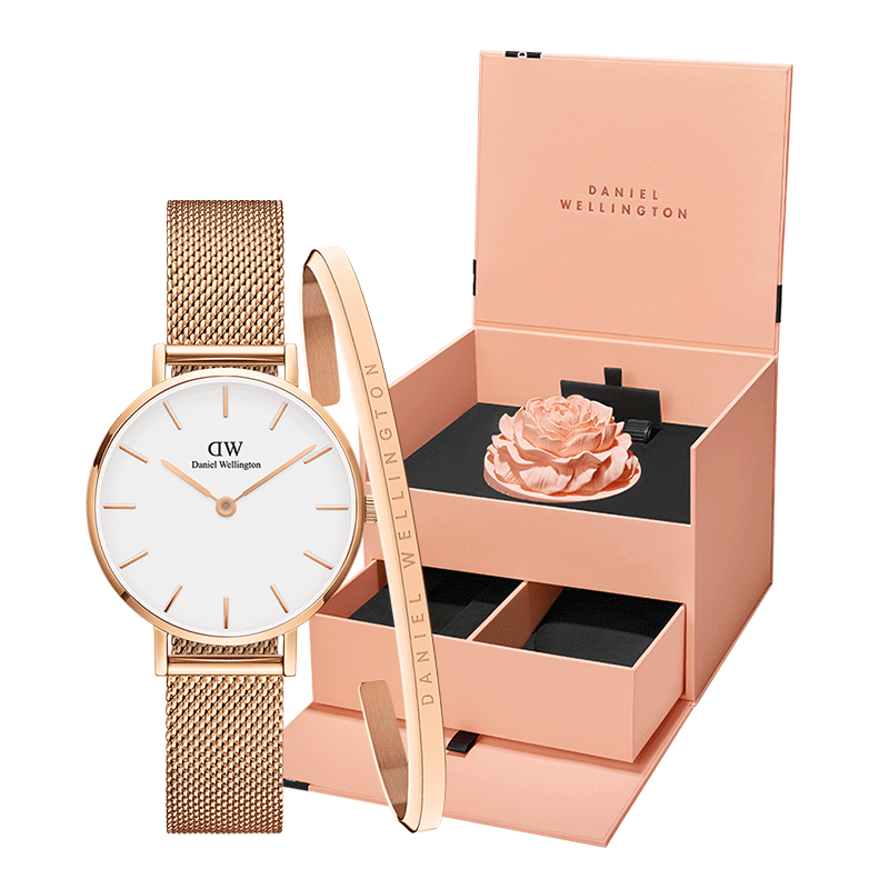 丹尼爾惠靈頓（DanielWellington）DW女表28mm歐美簡約白盤石英腕表七夕禮物DW00100219+大手鐲