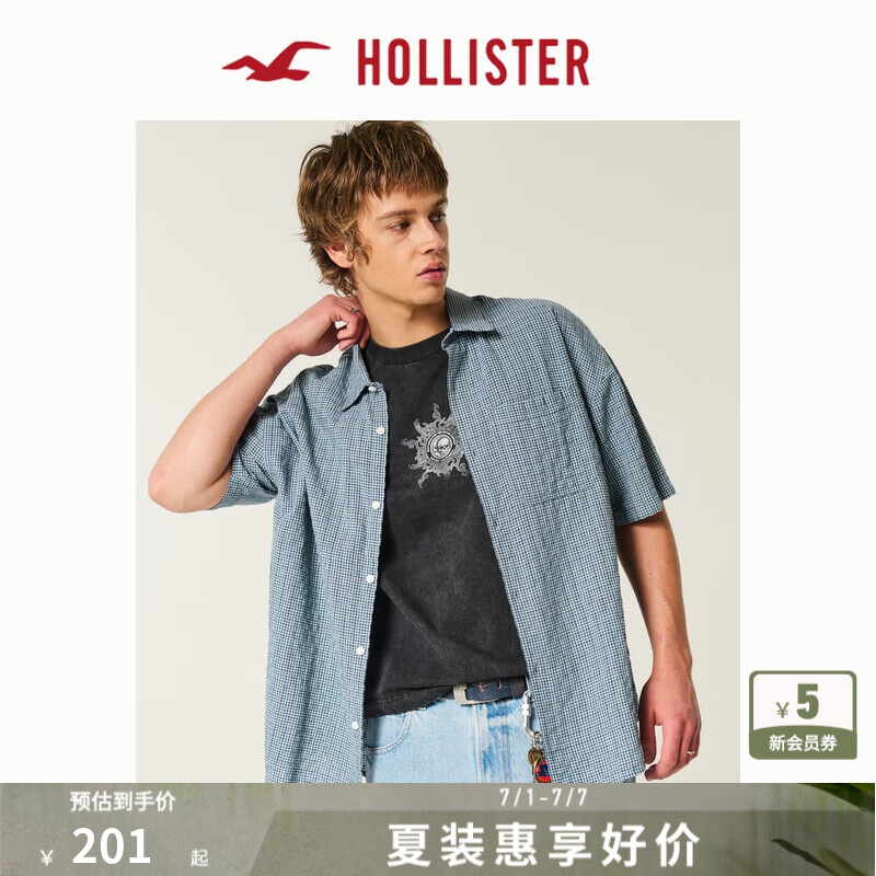 HOLLISTER25夏新款美式簡(jiǎn)約風(fēng)情侶肌理感格子襯衫男裝KI325-5163 藍(lán)色格紋 M (180/100A)
