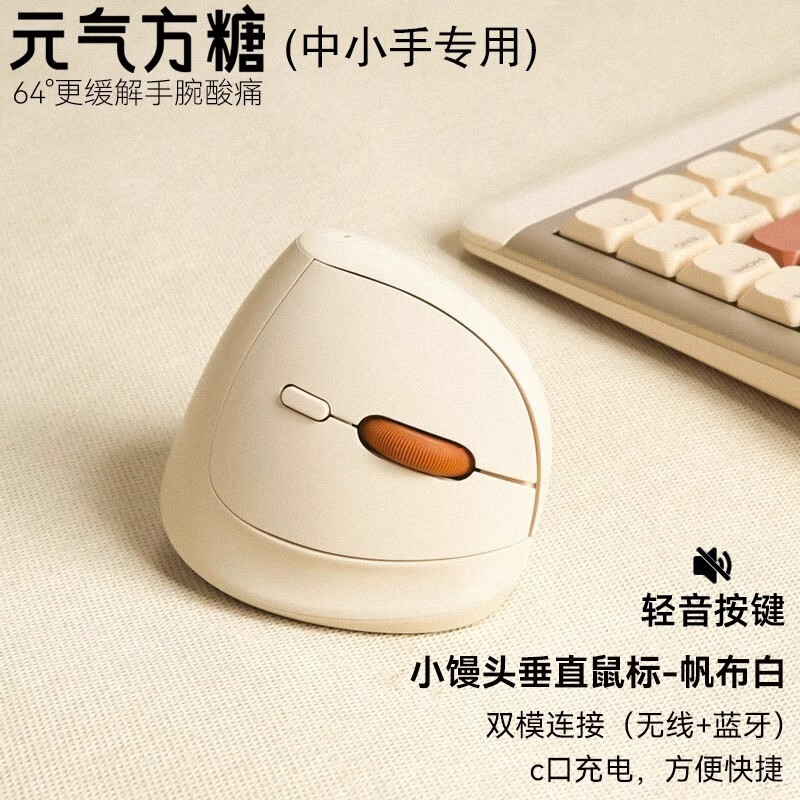 達爾優(yōu)元氣方糖人體工學(xué)鼠標充電無(wú)線(xiàn)靜音小手垂直防鼠標公 小饅頭雙模-帆布白