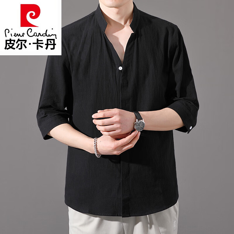 皮尔卡丹(pierre cardin)高档款棉麻中袖t恤纯棉衬衫男士休闲七分袖薄款亚麻短袖潮流简约 C01绿色 M 80-105斤